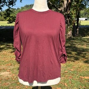 Veronica Beard Jeans Burgundy Designer XL Pima Cotton Ruched Puff Sleeve Top